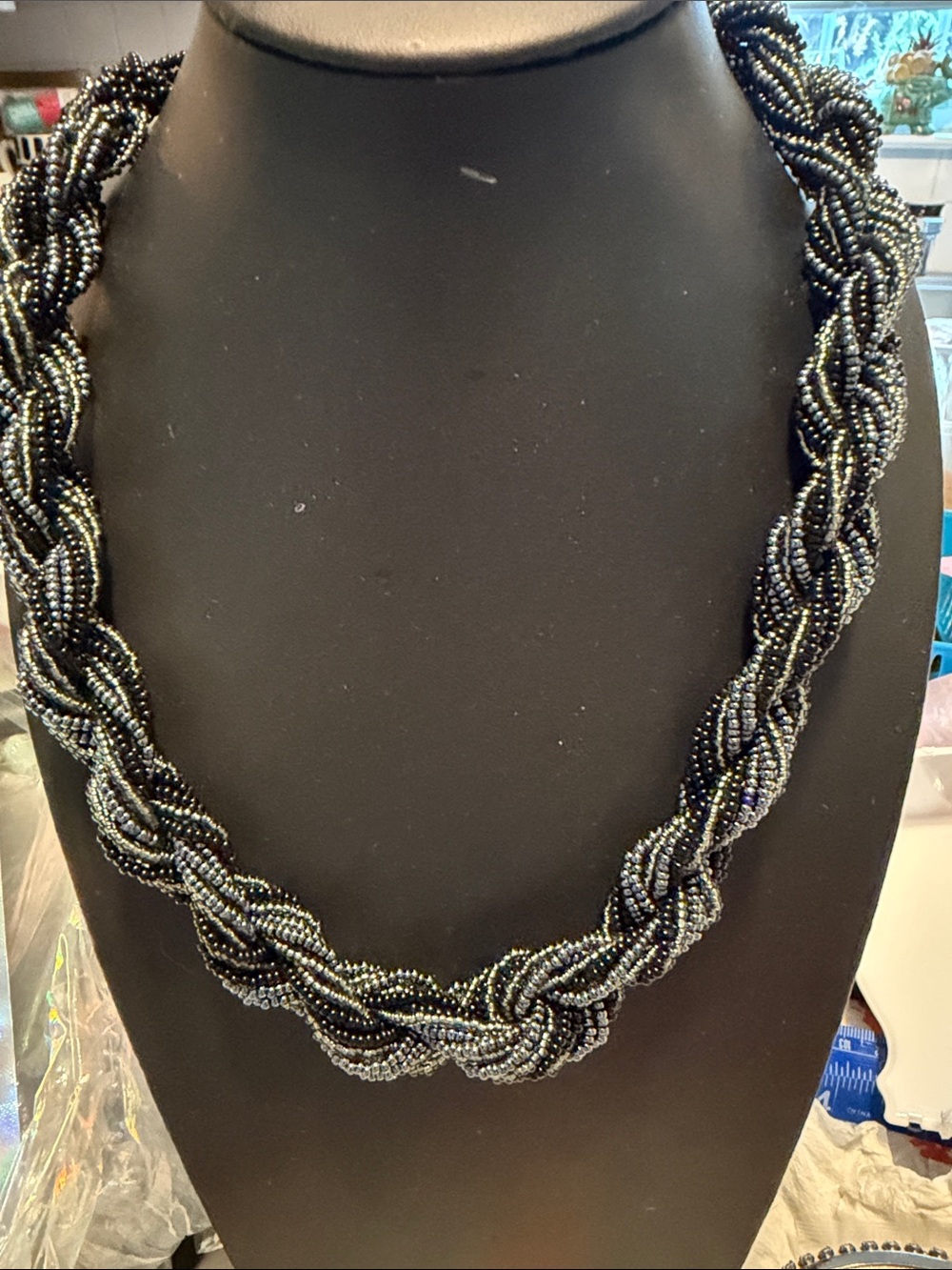 Braided Black silver gold seed bead Necklace -like new 19.5”